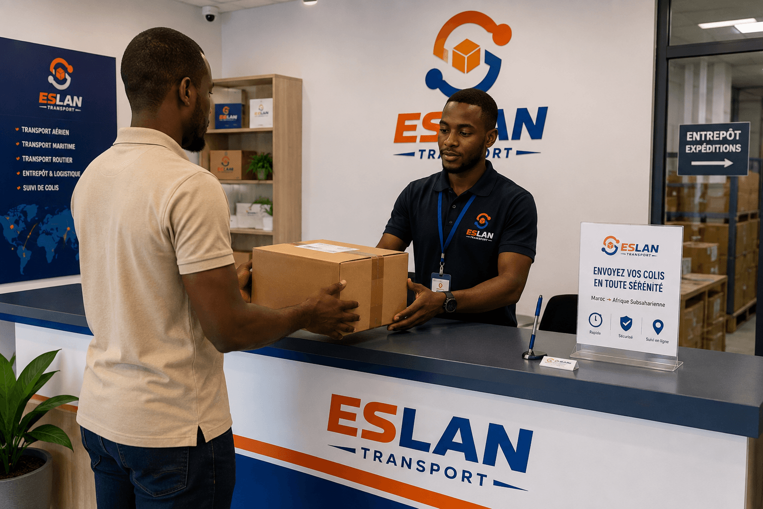 Comptoir de dépôt Eslan Transport, remise d'un colis par un client